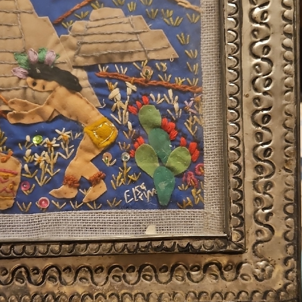 Vintage Folk Art Arpillera-Style in Tin Frame Decorative Decor - Picture 6 of 12